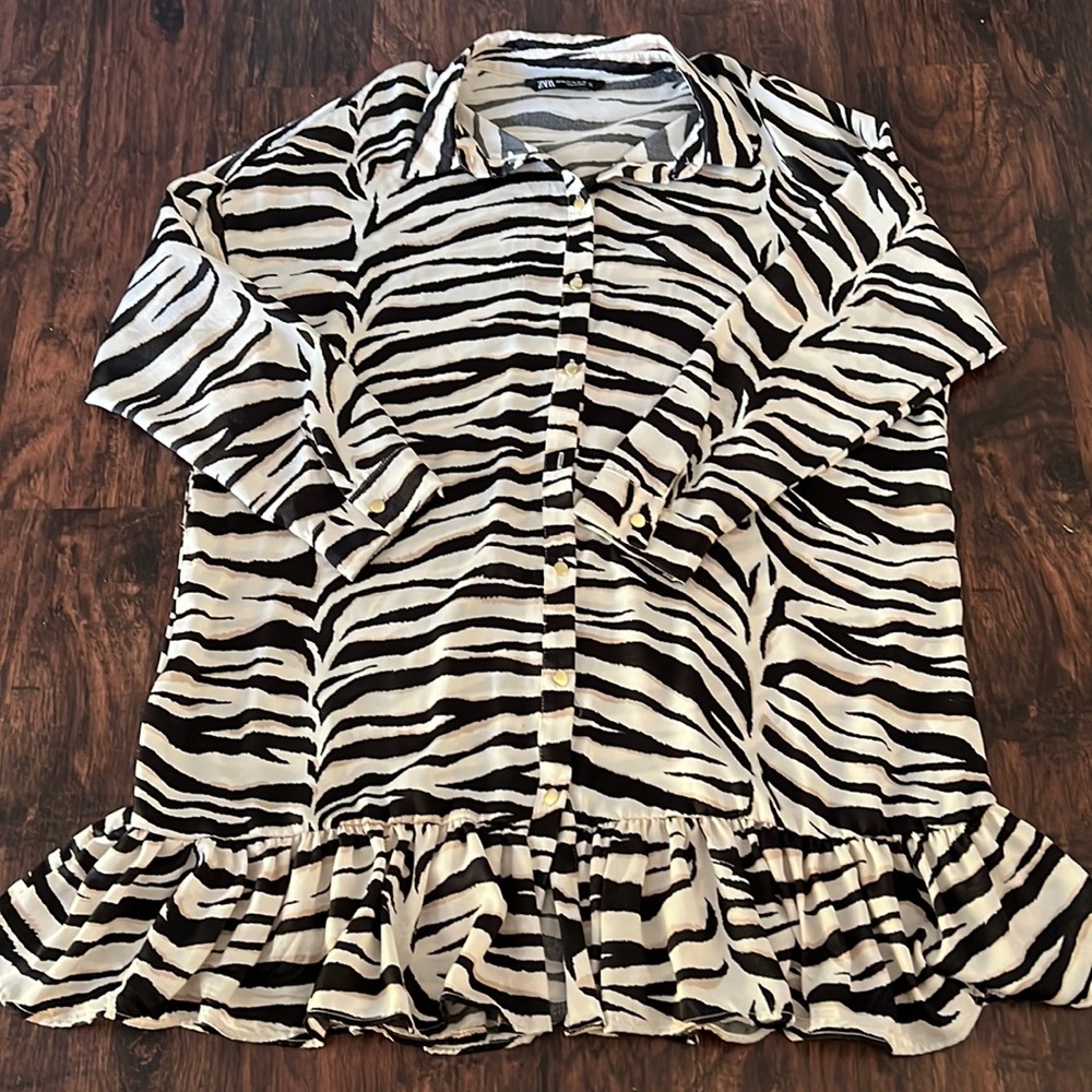 Zara Black White Animal Print Zebra Mini Ruffle Button Down Dress